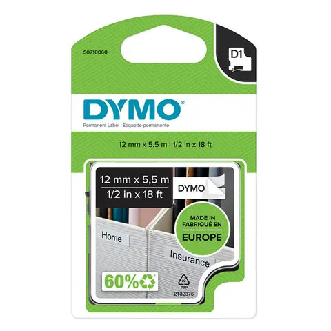 Taśma DYMO S0718060 - 5.5m × 12mm, D1, czarny druk / biały podkład