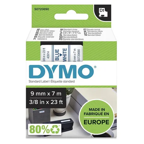 Taśma DYMO 40914 - 7m × 9mm, D1, niebieski druk / biały podkład