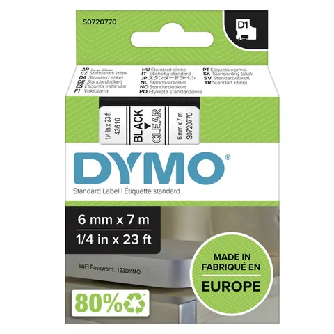 Taśma DYMO 43610 - 7m × 6mm, D1, czarny druk / przezroczysty podkład