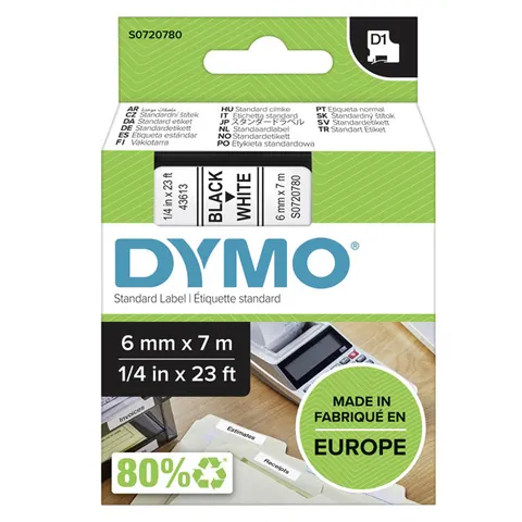 Taśma DYMO 43613 - 7m × 6mm, D1, czarny druk / biały podkład