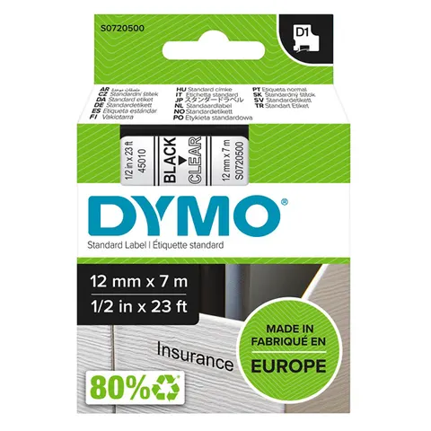 Taśma DYMO 45010 - 7m × 12mm, D1, czarny druk / przezroczysty podkład
