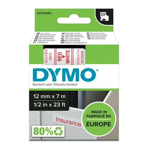 Taśma DYMO 45015 - 7m × 12mm, D1, czerwony druk / biały podkład