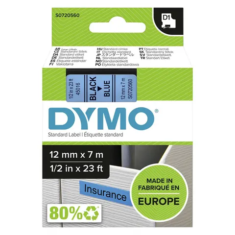 Taśma DYMO 45016 - 7m × 12mm, D1, czarny druk / niebieski podkład