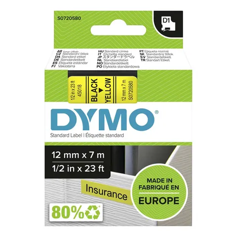 Taśma DYMO 45018 - 7m × 12mm, D1, czarny druk / żółty podkład