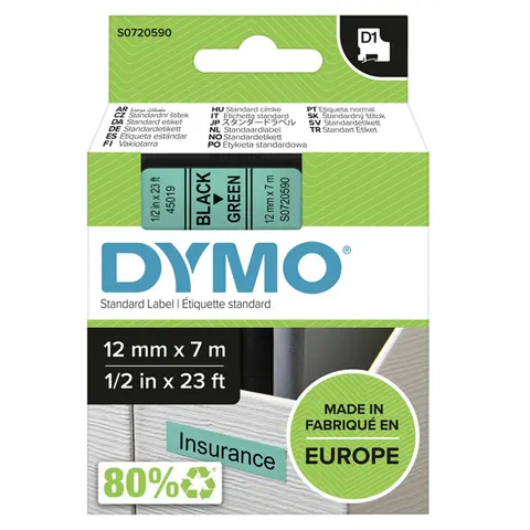 Taśma DYMO 45019 - 7m × 12mm, D1, czarny druk / zielony podkład