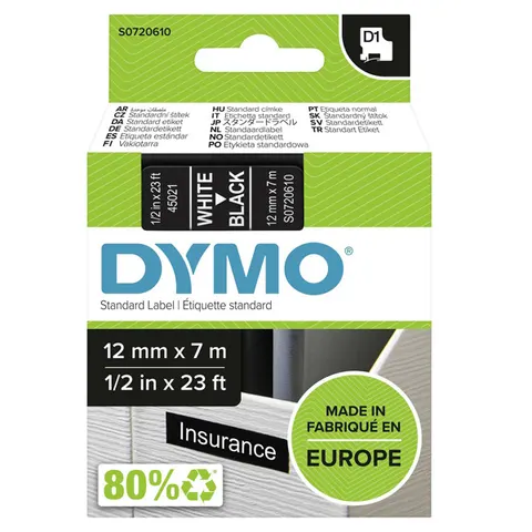 Taśma DYMO 45021 - 7m × 12mm, D1, biały druk / czarny podkład