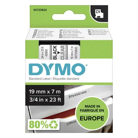 Taśma DYMO 45800 - 7m × 19mm, D1, czarny druk / przezroczysty podkład