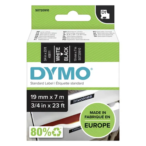Taśma DYMO 45811 - 7m × 19mm, D1, biały druk / czarny podkład