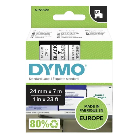 Taśma DYMO 53710 - 7m × 24mm, D1, czarny druk / przezroczysty podkład