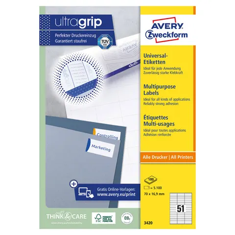 Etykiety AVERY 3420 - 70mm × 16.9mm, A4, 51 et./arkusz, 100 arkuszy