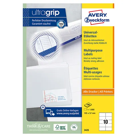 Etykiety AVERY 3425 - 105mm × 57mm, A4, 10 et./arkusz, 100 arkuszy