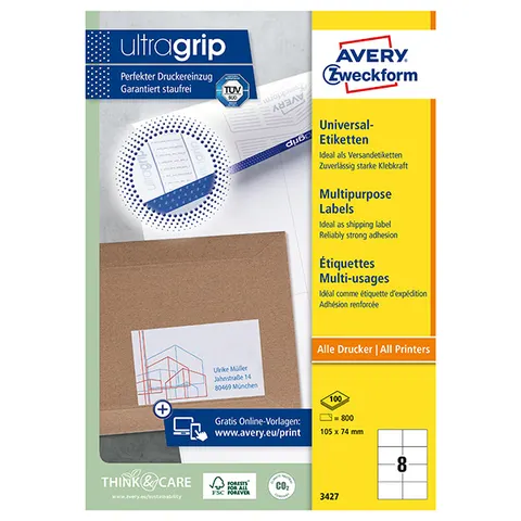 Etykiety AVERY 3427 - 105mm × 74mm, A4, 8 et./arkusz, 100 arkuszy