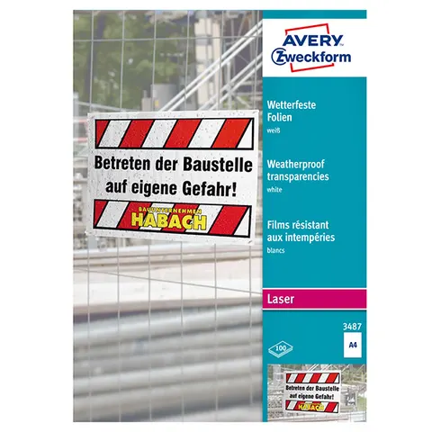 Folia AVERY 3487 - 210mm × 297mm, A4, 1 et./arkusz, 100 arkuszy