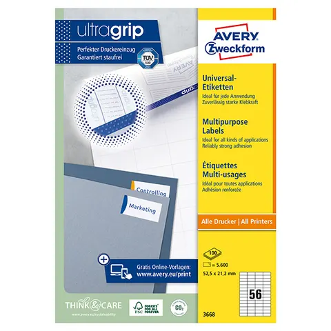 Etykiety AVERY 3668 - 52.5mm × 21.2mm, A4, 56 et./arkusz, 100 arkuszy
