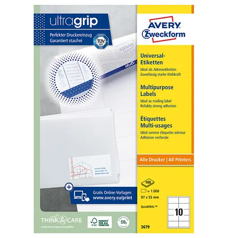 Etykiety AVERY 3679 - 97mm × 55mm, A4, 10 et./arkusz, 100 arkuszy