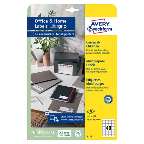 Etykiety AVERY 6126 - 48.5mm × 25.4mm, A4, 40 et./arkusz, 10 arkuszy
