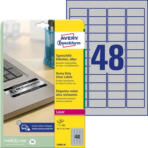 ETYKIETY FOLIOWE POLIESTROWE 45,7x21,2mm AVERY ZWECKFORM WODOODPORNE ZNAMIONOWE HEAVY DUTY 20ark 960etykiet SREBRNE MATOWE /L6009-20/