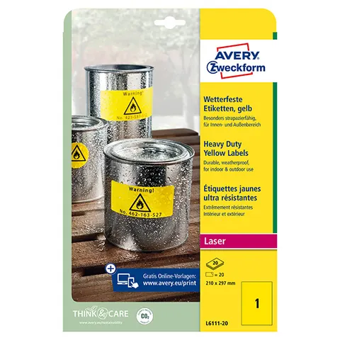 Etykiety AVERY L6111-20 - 210mm × 297mm, A4, żółte, 1 et./arkusz, 20 arkuszy