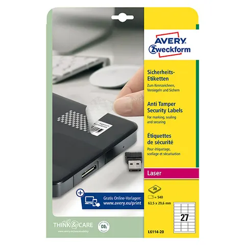 Etykiety AVERY L6114-20 - 63.5mm × 29.6mm, A4, 27 et./arkusz