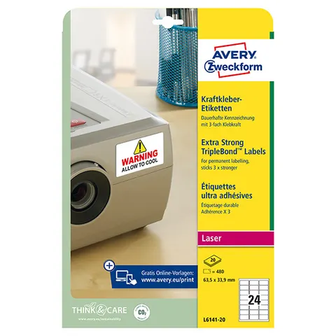 Etykiety AVERY L6141-20 - 63.5mm × 33.9mm, A4, 24 et./arkusz, 20 arkuszy