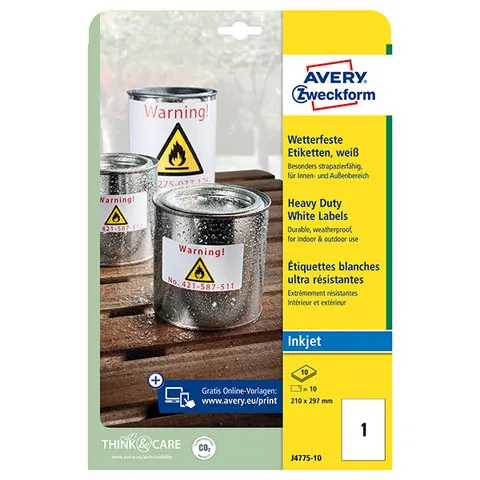 Etykiety AVERY J4775-10 - 210mm × 297mm, A4, 1 et./arkusz, 10 arkuszy