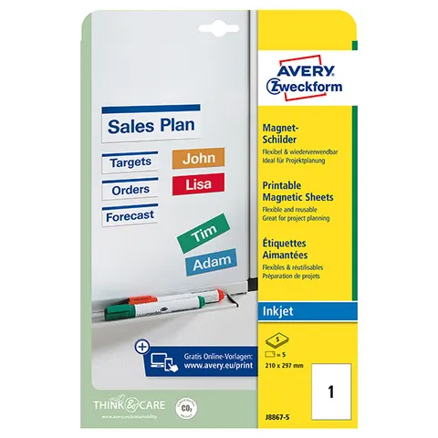 Etykiety AVERY J8867-5 - 210mm × 297mm, A4, 1 et./arkusz, 5 arkuszy