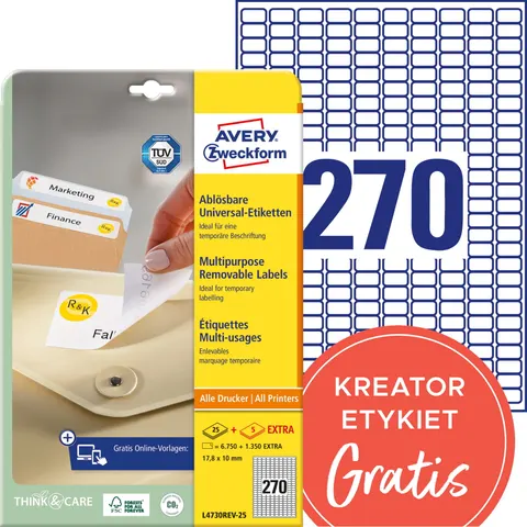 Etykiety uniwersalne usuwalne AVERY Zweckform L4730REV-25 - 17,8 x 10 mm A4, 30 arkuszy - białe