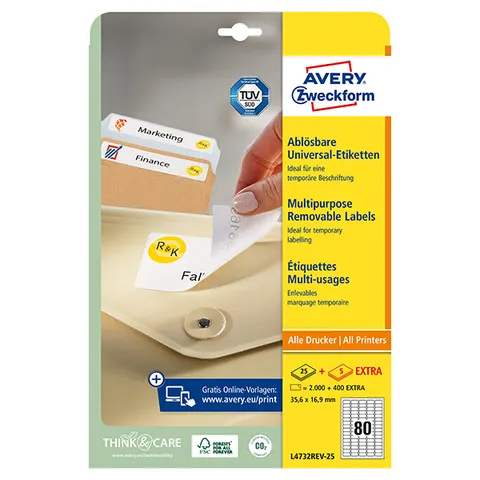 Etykiety AVERY L4732REV-25 - 35,6mm × 16,9mm, A4, 80 et./arkusz, 25 arkuszy