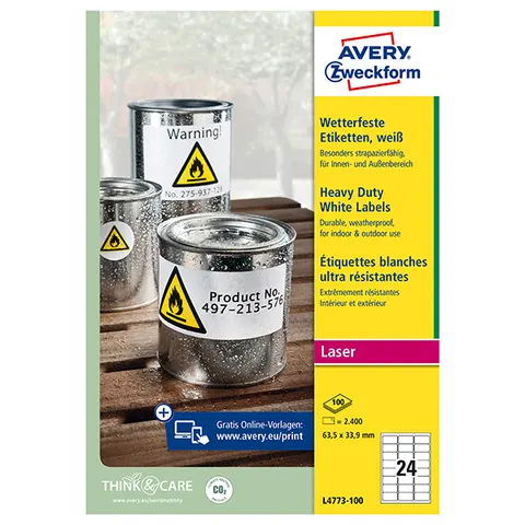 Etykiety AVERY L4773-100 - 63.5mm × 33.9mm, A4, 24 et./arkusz, 100 arkuszy