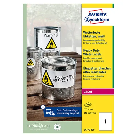 Etykiety AVERY L4775-100 - 210mm × 297mm, A4, 1 et./arkusz, 100 arkuszy