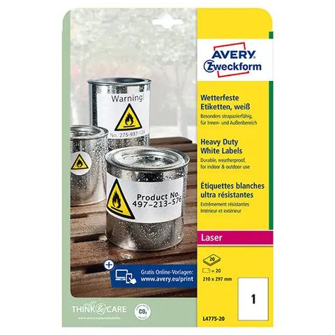 Etykiety AVERY L4775-20 - 210mm × 297mm, A4, 1 et./arkusz, 20 arkuszy