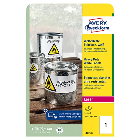 Etykiety AVERY L4775-8 - 210mm × 297mm, A4, 1 et./arkusz, 8 arkuszy