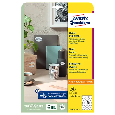 Etykiety AVERY L6024REV-25 - 63.5mm × 42.3mm, A4, 18 et./arkusz, 25 arkuszy