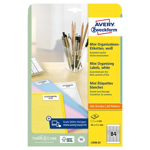 Etykiety AVERY L7656-25 - 46mm × 11.1mm, A4, 84 et./arkusz, 25 arkuszy