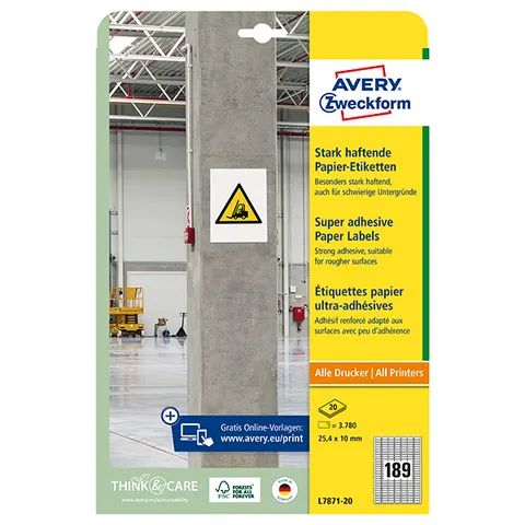 Etykiety AVERY L7871-20 - 25.4mm × 10mm, A4, 189 et./arkusz, 20 arkuszy