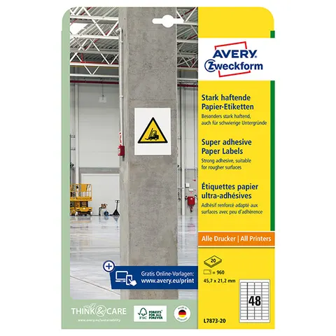 Etykiety AVERY L7873-20 - 45.7mm × 21.2mm, A4, 48 et./arkusz, 20 arkuszy