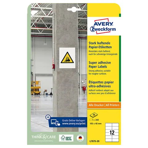 Etykiety AVERY L7875-20 - 105mm × 48mm, A4, 12 et./arkusz, 20 arkuszy