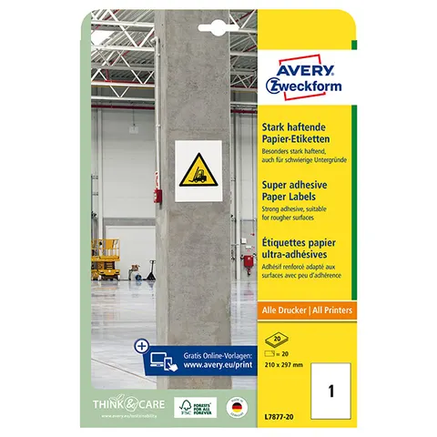 Etykiety AVERY L7877-20 - 210mm × 297mm, A4, 1 et./arkusz, 20 arkuszy