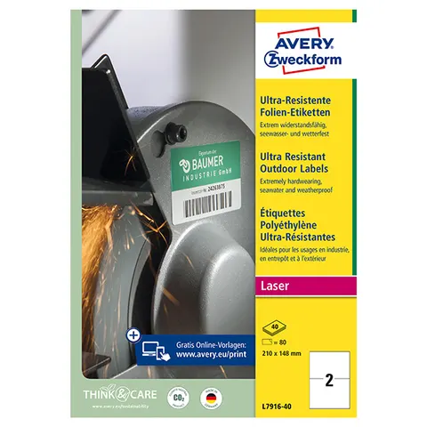 Etykiety AVERY L7916-40 - 210mm × 148mm, A4, 2 et./arkusz, 40 arkuszy