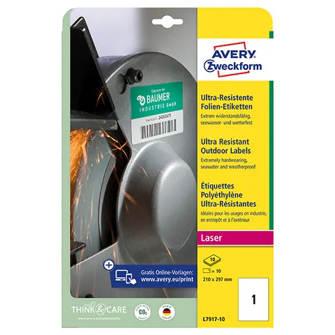 Etykiety AVERY L7917-10 - 210mm × 297mm, A4, 1 et./arkusz, 10 arkuszy