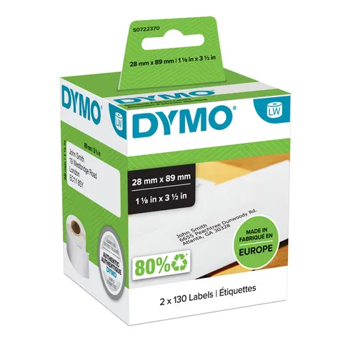 Etykiety DYMO S0722370 - 89mm × 28mm, białe, 2 x 130 szt.