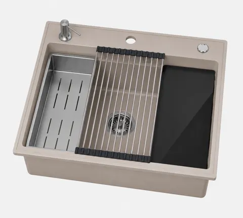 RUVETTI - ABSOL 60 Beżowy zlewozmywak granitowy, 56×50x21,5cm Syfon Gratis Akcesoria