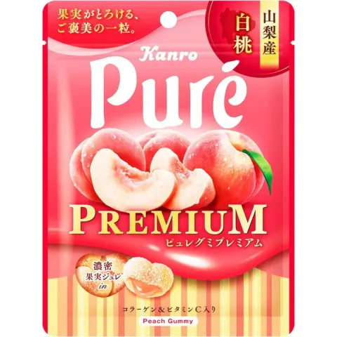 Kanro Puré Premium żelki o smaku brzoskwini, 54g