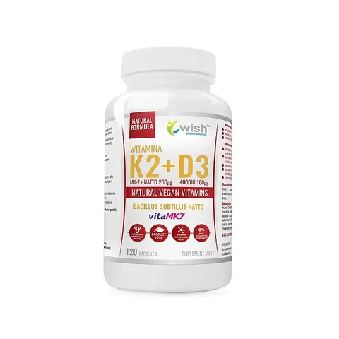 Wish Pharmaceutical - K2 VitaMK7 200μg + D3 4000IU PREBIOTYK VEGAŃSKA 120 kapsułek vege