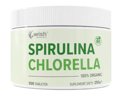 Wish Pharmaceutical - Chlorella 250mg + Spirulina 250mg Organic 100% - 500 tabletek