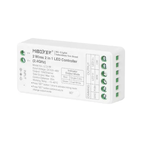 MiBoxer odbiornik strefowy do taśm LED 2w1 MONO/CCT 12-48V max 10A, 2-przewodowy LC2-RF