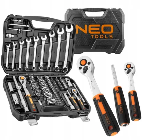 NEO TOOLS KLUCZE NASADOWE 82 EL. DUŻY ZESTAW NARZĘDZI WALIZKA 1/2 1/4