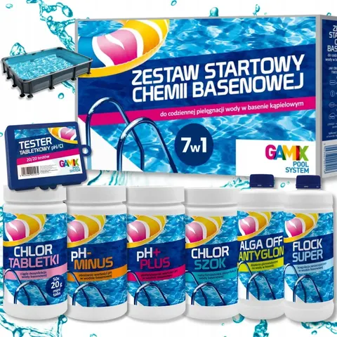 ZESTAW STARTOWY CHEMIA DO BASENU CHLOR SZOK ANTYGLON ALGA PH+ PH- 7W1 GAMIX