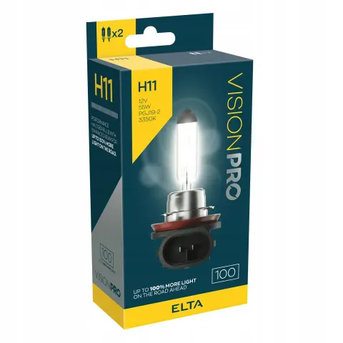 Żarówki halogenowe H11 +100% 12V 55W PGJ19-2, komplet 2 szt., homologacja E1 – ELTA VisionPRO