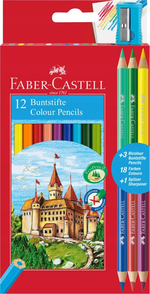 Kredki zamek 12 KOL.+3 kredki dwustronne+temperówka Faber-Castell